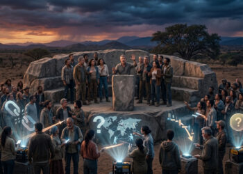 Una asamblea diversa de personas rodeando un monolito de piedra en un paisaje crepuscular, debatiendo sobre hologramas de cadenas digitales rotas y mapas de nodos globales. La escena refleja la tensión de la gobernanza descentralizada ante amenazas tecnológicas.