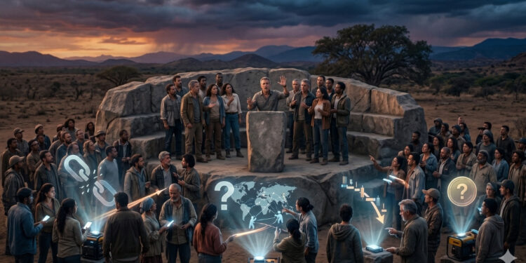 Una asamblea diversa de personas rodeando un monolito de piedra en un paisaje crepuscular, debatiendo sobre hologramas de cadenas digitales rotas y mapas de nodos globales. La escena refleja la tensión de la gobernanza descentralizada ante amenazas tecnológicas.