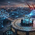 Una ilustraciรณn futurista que muestra a dos figuras operando un complejo mecanismo de llaves doradas en rotaciรณn sobre una plataforma tecnolรณgica. En el fondo, una red digital azul se enfrenta a una brecha de energรญa roja que simboliza una amenaza cuรกntica, representando la seguridad mediante multi-firma y rotaciรณn activa de claves en un entorno de red avanzado.