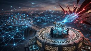 Una ilustración futurista que muestra a dos figuras operando un complejo mecanismo de llaves doradas en rotación sobre una plataforma tecnológica. En el fondo, una red digital azul se enfrenta a una brecha de energía roja que simboliza una amenaza cuántica, representando la seguridad mediante multi-firma y rotación activa de claves en un entorno de red avanzado.