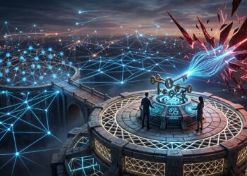 Una ilustración futurista que muestra a dos figuras operando un complejo mecanismo de llaves doradas en rotación sobre una plataforma tecnológica. En el fondo, una red digital azul se enfrenta a una brecha de energía roja que simboliza una amenaza cuántica, representando la seguridad mediante multi-firma y rotación activa de claves en un entorno de red avanzado.
