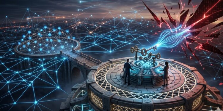 Una ilustración futurista que muestra a dos figuras operando un complejo mecanismo de llaves doradas en rotación sobre una plataforma tecnológica. En el fondo, una red digital azul se enfrenta a una brecha de energía roja que simboliza una amenaza cuántica, representando la seguridad mediante multi-firma y rotación activa de claves en un entorno de red avanzado.