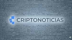 Logo de CriptoNoticias rodeado de código informático