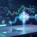 Una ilustración digital de alta tecnología que visualiza un agente de inteligencia artificial (IA) autónomo para el trading de criptomonedas. En el primer plano, sobre un escritorio de vidrio translúcido, una laptop holográfica transparente muestra un icono de cohete despegando con una barra de progreso de carga, simbolizando la facilidad de configuración y lanzamiento rápido. Cables de datos de luz azul fluyen desde la laptop hacia un cubo geométrico flotante y brillante en el centro, que representa el núcleo de la IA. Por encima del cubo, gráficos de velas del mercado de criptomonedas (verdes y rojas) y símbolos de monedas flotantes muestran el análisis de datos en tiempo real. A la derecha, un monedero digital flotante representa la ejecución de órdenes y la gestión de fondos. El fondo es una red de blockchain interconectada con nodos, líneas de código de programación legibles (como "crypto-agent", "function monitor", "if market-signal") y el logotipo de Solana, todo en un entorno oscuro y futurista con colores azul eléctrico, púrpura y turquesa.