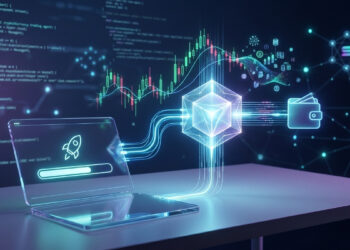 Una ilustración digital de alta tecnología que visualiza un agente de inteligencia artificial (IA) autónomo para el trading de criptomonedas. En el primer plano, sobre un escritorio de vidrio translúcido, una laptop holográfica transparente muestra un icono de cohete despegando con una barra de progreso de carga, simbolizando la facilidad de configuración y lanzamiento rápido. Cables de datos de luz azul fluyen desde la laptop hacia un cubo geométrico flotante y brillante en el centro, que representa el núcleo de la IA. Por encima del cubo, gráficos de velas del mercado de criptomonedas (verdes y rojas) y símbolos de monedas flotantes muestran el análisis de datos en tiempo real. A la derecha, un monedero digital flotante representa la ejecución de órdenes y la gestión de fondos. El fondo es una red de blockchain interconectada con nodos, líneas de código de programación legibles (como "crypto-agent", "function monitor", "if market-signal") y el logotipo de Solana, todo en un entorno oscuro y futurista con colores azul eléctrico, púrpura y turquesa.