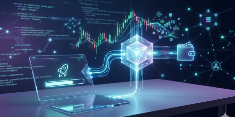Una ilustración digital de alta tecnología que visualiza un agente de inteligencia artificial (IA) autónomo para el trading de criptomonedas. En el primer plano, sobre un escritorio de vidrio translúcido, una laptop holográfica transparente muestra un icono de cohete despegando con una barra de progreso de carga, simbolizando la facilidad de configuración y lanzamiento rápido. Cables de datos de luz azul fluyen desde la laptop hacia un cubo geométrico flotante y brillante en el centro, que representa el núcleo de la IA. Por encima del cubo, gráficos de velas del mercado de criptomonedas (verdes y rojas) y símbolos de monedas flotantes muestran el análisis de datos en tiempo real. A la derecha, un monedero digital flotante representa la ejecución de órdenes y la gestión de fondos. El fondo es una red de blockchain interconectada con nodos, líneas de código de programación legibles (como "crypto-agent", "function monitor", "if market-signal") y el logotipo de Solana, todo en un entorno oscuro y futurista con colores azul eléctrico, púrpura y turquesa.