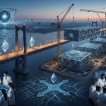 Representación conceptual de expertos criptógrafos analizando la migración de las redes Bitcoin y Ethereum hacia sistemas de seguridad post-cuántica, con infraestructuras digitales en construcción y un puente tecnológico hacia el futuro.