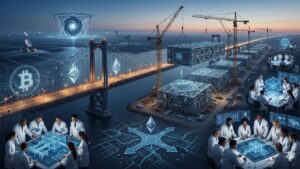 Representación conceptual de expertos criptógrafos analizando la migración de las redes Bitcoin y Ethereum hacia sistemas de seguridad post-cuántica, con infraestructuras digitales en construcción y un puente tecnológico hacia el futuro.