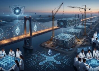 Representación conceptual de expertos criptógrafos analizando la migración de las redes Bitcoin y Ethereum hacia sistemas de seguridad post-cuántica, con infraestructuras digitales en construcción y un puente tecnológico hacia el futuro.