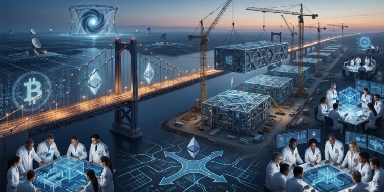 Representación conceptual de expertos criptógrafos analizando la migración de las redes Bitcoin y Ethereum hacia sistemas de seguridad post-cuántica, con infraestructuras digitales en construcción y un puente tecnológico hacia el futuro.