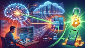Una ilustración digital en formato panorámico que representa la recuperación de una billetera de Bitcoin mediante inteligencia artificial. A la izquierda, un investigador de seguridad trabaja en su laptop rodeado de pantallas con código. Sobre él, un cerebro digital brillante simboliza la IA, la cual proyecta flujos de datos hacia una infraestructura de servidores en la nube. Estos flujos convergen en una billetera digital con un candado que se abre, liberando un símbolo de Bitcoin resplandeciente. La escena tiene una estética futurista con tonos neón azules y verdes, mostrando al final un smartphone con gráficos de crecimiento y monedas de oro físicas.