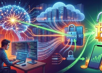 Una ilustración digital en formato panorámico que representa la recuperación de una billetera de Bitcoin mediante inteligencia artificial. A la izquierda, un investigador de seguridad trabaja en su laptop rodeado de pantallas con código. Sobre él, un cerebro digital brillante simboliza la IA, la cual proyecta flujos de datos hacia una infraestructura de servidores en la nube. Estos flujos convergen en una billetera digital con un candado que se abre, liberando un símbolo de Bitcoin resplandeciente. La escena tiene una estética futurista con tonos neón azules y verdes, mostrando al final un smartphone con gráficos de crecimiento y monedas de oro físicas.