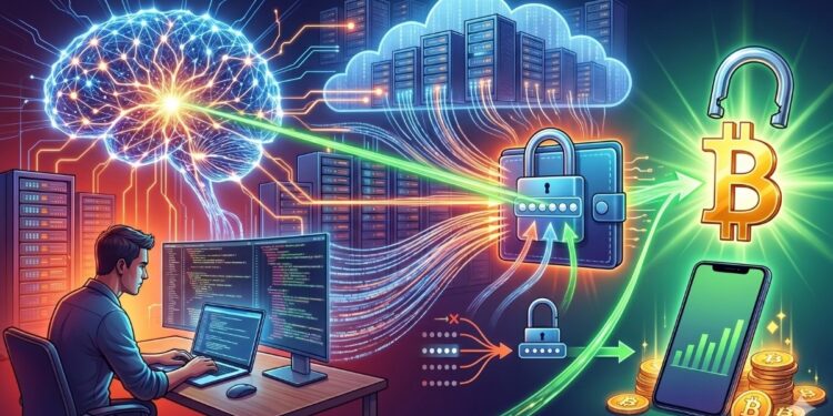 Una ilustración digital en formato panorámico que representa la recuperación de una billetera de Bitcoin mediante inteligencia artificial. A la izquierda, un investigador de seguridad trabaja en su laptop rodeado de pantallas con código. Sobre él, un cerebro digital brillante simboliza la IA, la cual proyecta flujos de datos hacia una infraestructura de servidores en la nube. Estos flujos convergen en una billetera digital con un candado que se abre, liberando un símbolo de Bitcoin resplandeciente. La escena tiene una estética futurista con tonos neón azules y verdes, mostrando al final un smartphone con gráficos de crecimiento y monedas de oro físicas.