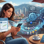 Una ilustración conceptual que muestra a una mujer joven sentada en una cafetería de una terraza, mirando una pantalla de smartphone que se proyecta en el aire, mostrando una interfaz de trading de criptomonedas con el logo de Telegram. De la pantalla del smartphone emana una corriente de datos que se conectan a un engranaje y cadena digitales que simbolizan 'P2P FOUNDATION' (con un emblema estilizado) y 'BASE' (un bloque azul sutil), los cuales a su vez se conectan a un cluster de red descentralizado que representa 'AVANTIS' (un símbolo abstracto líquido de color azul y morado). Otra corriente de datos que parte del smartphone muestra varios símbolos de métodos de pago locales y monedas (ARS, MXN, VES, COP) que convergen en una rampa de acceso o puente digital que se conecta al cluster de DeFi, indicando la conversión local directa. La mujer está rodeada por un ambiente urbano latinoamericano borroso, con montañas a lo lejos. Sobre una mesa cercana se encuentran su smartphone, una taza de café y un pequeño folleto con un mapa de Latinoamérica y un escudo de armas con 'P2P FOUNDATION' y un bloque de 'BASE', lo que simboliza el acceso localizado. La imagen evoca una sensación de integración tecnológica y empoderamiento financiero local.