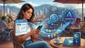 Una ilustración conceptual que muestra a una mujer joven sentada en una cafetería de una terraza, mirando una pantalla de smartphone que se proyecta en el aire, mostrando una interfaz de trading de criptomonedas con el logo de Telegram. De la pantalla del smartphone emana una corriente de datos que se conectan a un engranaje y cadena digitales que simbolizan 'P2P FOUNDATION' (con un emblema estilizado) y 'BASE' (un bloque azul sutil), los cuales a su vez se conectan a un cluster de red descentralizado que representa 'AVANTIS' (un símbolo abstracto líquido de color azul y morado). Otra corriente de datos que parte del smartphone muestra varios símbolos de métodos de pago locales y monedas (ARS, MXN, VES, COP) que convergen en una rampa de acceso o puente digital que se conecta al cluster de DeFi, indicando la conversión local directa. La mujer está rodeada por un ambiente urbano latinoamericano borroso, con montañas a lo lejos. Sobre una mesa cercana se encuentran su smartphone, una taza de café y un pequeño folleto con un mapa de Latinoamérica y un escudo de armas con 'P2P FOUNDATION' y un bloque de 'BASE', lo que simboliza el acceso localizado. La imagen evoca una sensación de integración tecnológica y empoderamiento financiero local.
