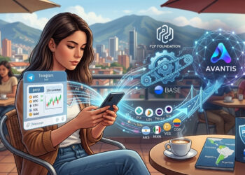 Una ilustración conceptual que muestra a una mujer joven sentada en una cafetería de una terraza, mirando una pantalla de smartphone que se proyecta en el aire, mostrando una interfaz de trading de criptomonedas con el logo de Telegram. De la pantalla del smartphone emana una corriente de datos que se conectan a un engranaje y cadena digitales que simbolizan 'P2P FOUNDATION' (con un emblema estilizado) y 'BASE' (un bloque azul sutil), los cuales a su vez se conectan a un cluster de red descentralizado que representa 'AVANTIS' (un símbolo abstracto líquido de color azul y morado). Otra corriente de datos que parte del smartphone muestra varios símbolos de métodos de pago locales y monedas (ARS, MXN, VES, COP) que convergen en una rampa de acceso o puente digital que se conecta al cluster de DeFi, indicando la conversión local directa. La mujer está rodeada por un ambiente urbano latinoamericano borroso, con montañas a lo lejos. Sobre una mesa cercana se encuentran su smartphone, una taza de café y un pequeño folleto con un mapa de Latinoamérica y un escudo de armas con 'P2P FOUNDATION' y un bloque de 'BASE', lo que simboliza el acceso localizado. La imagen evoca una sensación de integración tecnológica y empoderamiento financiero local.