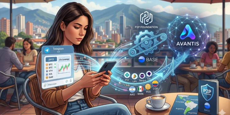 Una ilustración conceptual que muestra a una mujer joven sentada en una cafetería de una terraza, mirando una pantalla de smartphone que se proyecta en el aire, mostrando una interfaz de trading de criptomonedas con el logo de Telegram. De la pantalla del smartphone emana una corriente de datos que se conectan a un engranaje y cadena digitales que simbolizan 'P2P FOUNDATION' (con un emblema estilizado) y 'BASE' (un bloque azul sutil), los cuales a su vez se conectan a un cluster de red descentralizado que representa 'AVANTIS' (un símbolo abstracto líquido de color azul y morado). Otra corriente de datos que parte del smartphone muestra varios símbolos de métodos de pago locales y monedas (ARS, MXN, VES, COP) que convergen en una rampa de acceso o puente digital que se conecta al cluster de DeFi, indicando la conversión local directa. La mujer está rodeada por un ambiente urbano latinoamericano borroso, con montañas a lo lejos. Sobre una mesa cercana se encuentran su smartphone, una taza de café y un pequeño folleto con un mapa de Latinoamérica y un escudo de armas con 'P2P FOUNDATION' y un bloque de 'BASE', lo que simboliza el acceso localizado. La imagen evoca una sensación de integración tecnológica y empoderamiento financiero local.