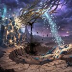 Una imagen conceptual que representa una crisis sistémica en un ecosistema digital financiero bajo un cielo tormentoso. A la izquierda, una estructura monumental de bloques geométricos interconectados (símbolo de una red blockchain) se resquebraja, con una sustancia oscura filtrándose de sus grietas. Del centro de esta fractura brotan raíces doradas y mecánicas que se extienden hacia el cielo, mientras una lluvia de partículas brillantes —que simboliza la fuga de capital— escapa hacia el horizonte. En el primer plano, un vasto terreno árido y agrietado rodea un pozo circular vacío. Varias figuras sombrías, que representan a los usuarios, huyen desesperadamente por un sendero sinuoso hacia una ciudad lejana y resplandeciente en busca de refugio. La atmósfera es de urgencia y colapso, con rayos iluminando las nubes púrpuras y cenicientas, capturando la tensión de un protocolo DeFi al borde del abismo.