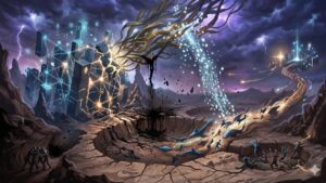 Una imagen conceptual que representa una crisis sistémica en un ecosistema digital financiero bajo un cielo tormentoso. A la izquierda, una estructura monumental de bloques geométricos interconectados (símbolo de una red blockchain) se resquebraja, con una sustancia oscura filtrándose de sus grietas. Del centro de esta fractura brotan raíces doradas y mecánicas que se extienden hacia el cielo, mientras una lluvia de partículas brillantes —que simboliza la fuga de capital— escapa hacia el horizonte. En el primer plano, un vasto terreno árido y agrietado rodea un pozo circular vacío. Varias figuras sombrías, que representan a los usuarios, huyen desesperadamente por un sendero sinuoso hacia una ciudad lejana y resplandeciente en busca de refugio. La atmósfera es de urgencia y colapso, con rayos iluminando las nubes púrpuras y cenicientas, capturando la tensión de un protocolo DeFi al borde del abismo.