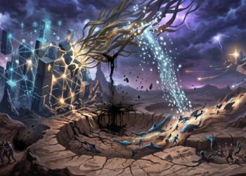 Una imagen conceptual que representa una crisis sistémica en un ecosistema digital financiero bajo un cielo tormentoso. A la izquierda, una estructura monumental de bloques geométricos interconectados (símbolo de una red blockchain) se resquebraja, con una sustancia oscura filtrándose de sus grietas. Del centro de esta fractura brotan raíces doradas y mecánicas que se extienden hacia el cielo, mientras una lluvia de partículas brillantes —que simboliza la fuga de capital— escapa hacia el horizonte. En el primer plano, un vasto terreno árido y agrietado rodea un pozo circular vacío. Varias figuras sombrías, que representan a los usuarios, huyen desesperadamente por un sendero sinuoso hacia una ciudad lejana y resplandeciente en busca de refugio. La atmósfera es de urgencia y colapso, con rayos iluminando las nubes púrpuras y cenicientas, capturando la tensión de un protocolo DeFi al borde del abismo.