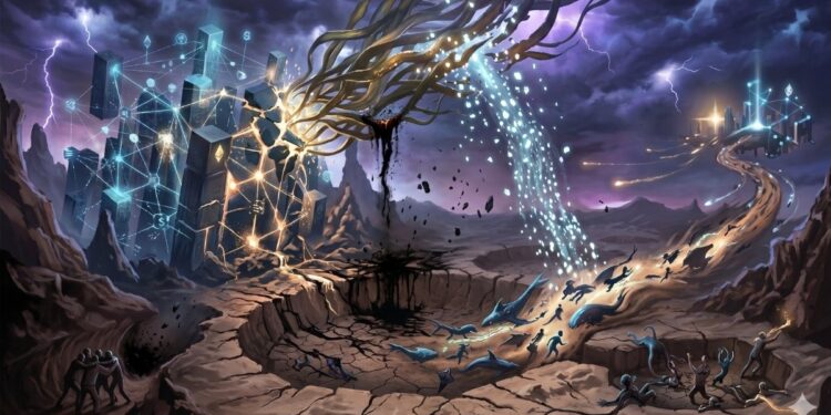 Una imagen conceptual que representa una crisis sistémica en un ecosistema digital financiero bajo un cielo tormentoso. A la izquierda, una estructura monumental de bloques geométricos interconectados (símbolo de una red blockchain) se resquebraja, con una sustancia oscura filtrándose de sus grietas. Del centro de esta fractura brotan raíces doradas y mecánicas que se extienden hacia el cielo, mientras una lluvia de partículas brillantes —que simboliza la fuga de capital— escapa hacia el horizonte. En el primer plano, un vasto terreno árido y agrietado rodea un pozo circular vacío. Varias figuras sombrías, que representan a los usuarios, huyen desesperadamente por un sendero sinuoso hacia una ciudad lejana y resplandeciente en busca de refugio. La atmósfera es de urgencia y colapso, con rayos iluminando las nubes púrpuras y cenicientas, capturando la tensión de un protocolo DeFi al borde del abismo.