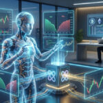 Una ilustraciรณn futurista en formato 16:9 que representa el trading agรฉntico de criptomonedas. En primer plano, un robot humanoide traslรบcido y brillante interactรบa con mรบltiples pantallas hologrรกficas de color azul que muestran grรกficos de velas, indicadores de mercado y datos financieros en tiempo real. Al fondo, en una oficina moderna de alto nivel con vistas a una ciudad iluminada de noche, un hombre sentado frente a su ordenador observa el proceso con actitud estratรฉgica. La imagen simboliza la uniรณn entre la ejecuciรณn autรณnoma de la inteligencia artificial y la supervisiรณn humana en un entorno financiero regulado.