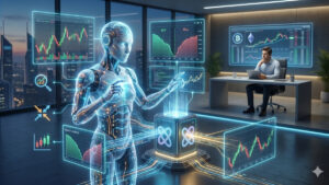 Una ilustraciรณn futurista en formato 16:9 que representa el trading agรฉntico de criptomonedas. En primer plano, un robot humanoide traslรบcido y brillante interactรบa con mรบltiples pantallas hologrรกficas de color azul que muestran grรกficos de velas, indicadores de mercado y datos financieros en tiempo real. Al fondo, en una oficina moderna de alto nivel con vistas a una ciudad iluminada de noche, un hombre sentado frente a su ordenador observa el proceso con actitud estratรฉgica. La imagen simboliza la uniรณn entre la ejecuciรณn autรณnoma de la inteligencia artificial y la supervisiรณn humana en un entorno financiero regulado.