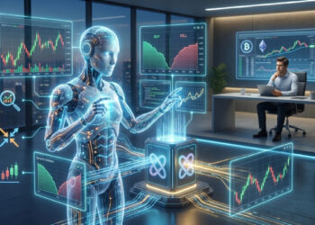 Una ilustración futurista en formato 16:9 que representa el trading agéntico de criptomonedas. En primer plano, un robot humanoide traslúcido y brillante interactúa con múltiples pantallas holográficas de color azul que muestran gráficos de velas, indicadores de mercado y datos financieros en tiempo real. Al fondo, en una oficina moderna de alto nivel con vistas a una ciudad iluminada de noche, un hombre sentado frente a su ordenador observa el proceso con actitud estratégica. La imagen simboliza la unión entre la ejecución autónoma de la inteligencia artificial y la supervisión humana en un entorno financiero regulado.