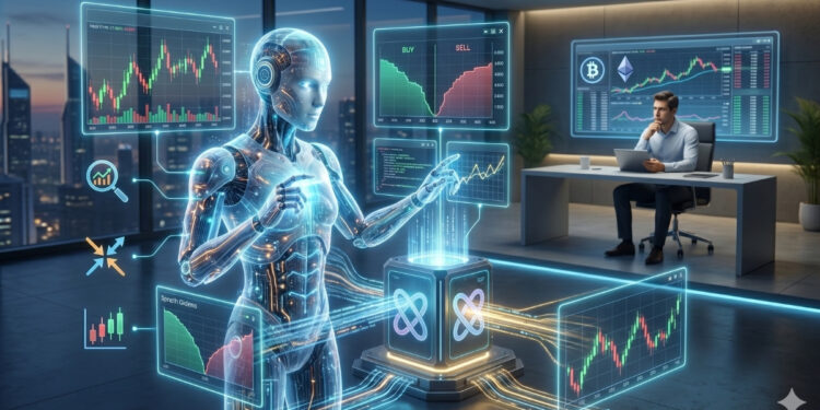 Una ilustración futurista en formato 16:9 que representa el trading agéntico de criptomonedas. En primer plano, un robot humanoide traslúcido y brillante interactúa con múltiples pantallas holográficas de color azul que muestran gráficos de velas, indicadores de mercado y datos financieros en tiempo real. Al fondo, en una oficina moderna de alto nivel con vistas a una ciudad iluminada de noche, un hombre sentado frente a su ordenador observa el proceso con actitud estratégica. La imagen simboliza la unión entre la ejecución autónoma de la inteligencia artificial y la supervisión humana en un entorno financiero regulado.