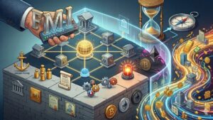 Ilustración conceptual de una mano con las siglas FMI controlando una arquitectura financiera rígida y regulada, con símbolos de bancos y CBDC, separada por una barrera de un flujo dinámico y colorido de criptomonedas descentralizadas como Bitcoin y Ethereum.