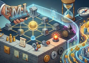 Ilustración conceptual de una mano con las siglas FMI controlando una arquitectura financiera rígida y regulada, con símbolos de bancos y CBDC, separada por una barrera de un flujo dinámico y colorido de criptomonedas descentralizadas como Bitcoin y Ethereum.