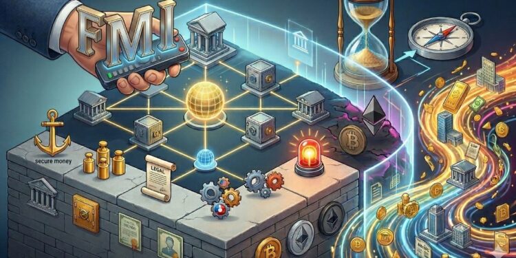 Ilustración conceptual de una mano con las siglas FMI controlando una arquitectura financiera rígida y regulada, con símbolos de bancos y CBDC, separada por una barrera de un flujo dinámico y colorido de criptomonedas descentralizadas como Bitcoin y Ethereum.