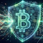 Ilustración futurista de un escudo de Bitcoin protegiendo la red contra ataques de computación cuántica, destacando la seguridad criptográfica basada en hashes y hardware de minería GPU.