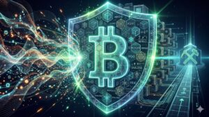 Ilustraciรณn futurista de un escudo de Bitcoin protegiendo la red contra ataques de computaciรณn cuรกntica, destacando la seguridad criptogrรกfica basada en hashes y hardware de minerรญa GPU.