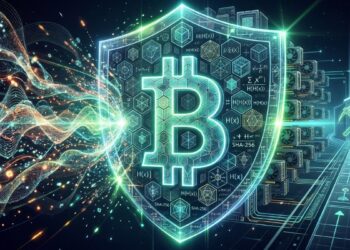 Ilustración futurista de un escudo de Bitcoin protegiendo la red contra ataques de computación cuántica, destacando la seguridad criptográfica basada en hashes y hardware de minería GPU.