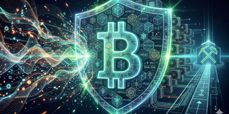 Ilustración futurista de un escudo de Bitcoin protegiendo la red contra ataques de computación cuántica, destacando la seguridad criptográfica basada en hashes y hardware de minería GPU.