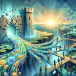 Una ilustración conceptual en formato panorámico que simboliza la apertura de un sistema financiero antes cerrado. A la izquierda, una fortaleza de piedra oscura y monolítica se agrieta y se abre, liberando un flujo vibrante de monedas digitales y símbolos de divisas tradicionales (como el dólar, el euro y el símbolo de Bitcoin) que fluyen a través de circuitos de datos brillantes. Este flujo se ramifica en múltiples puentes y caminos interconectados donde pequeñas figuras humanas colaboran, intercambian y construyen. A la derecha, los caminos convergen en una red global de nodos de luz interconectados bajo un amanecer digital, representando una infraestructura descentralizada, resiliente y abierta a la comunidad. El estilo es una mezcla de arte digital moderno con toques geométricos, utilizando una paleta de azules tecnológicos, verdes financieros y dorados cálidos.