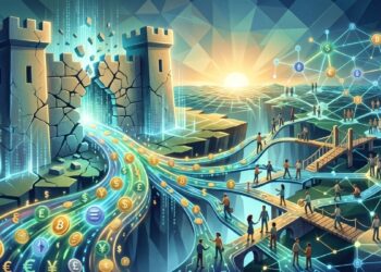 Una ilustración conceptual en formato panorámico que simboliza la apertura de un sistema financiero antes cerrado. A la izquierda, una fortaleza de piedra oscura y monolítica se agrieta y se abre, liberando un flujo vibrante de monedas digitales y símbolos de divisas tradicionales (como el dólar, el euro y el símbolo de Bitcoin) que fluyen a través de circuitos de datos brillantes. Este flujo se ramifica en múltiples puentes y caminos interconectados donde pequeñas figuras humanas colaboran, intercambian y construyen. A la derecha, los caminos convergen en una red global de nodos de luz interconectados bajo un amanecer digital, representando una infraestructura descentralizada, resiliente y abierta a la comunidad. El estilo es una mezcla de arte digital moderno con toques geométricos, utilizando una paleta de azules tecnológicos, verdes financieros y dorados cálidos.