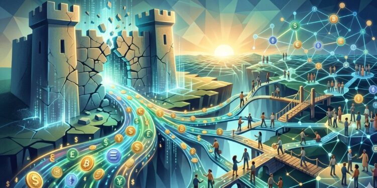 Una ilustración conceptual en formato panorámico que simboliza la apertura de un sistema financiero antes cerrado. A la izquierda, una fortaleza de piedra oscura y monolítica se agrieta y se abre, liberando un flujo vibrante de monedas digitales y símbolos de divisas tradicionales (como el dólar, el euro y el símbolo de Bitcoin) que fluyen a través de circuitos de datos brillantes. Este flujo se ramifica en múltiples puentes y caminos interconectados donde pequeñas figuras humanas colaboran, intercambian y construyen. A la derecha, los caminos convergen en una red global de nodos de luz interconectados bajo un amanecer digital, representando una infraestructura descentralizada, resiliente y abierta a la comunidad. El estilo es una mezcla de arte digital moderno con toques geométricos, utilizando una paleta de azules tecnológicos, verdes financieros y dorados cálidos.