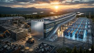 Transición industrial de una planta de minería de Bitcoin desmantelada a un moderno centro de datos para IA y HPC.