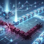 Una ilustración digital de una red de datos futurista con una cadena de bloques de Litecoin (LTC) de color azul brillante que supera una cadena de bloques ilegítima, de color rojo oscuro y agrietada, que forma un obstáculo. El fondo muestra microchips, circuitos y haces de luz.