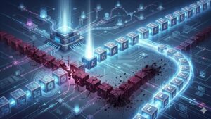 Una ilustraciรณn digital de una red de datos futurista con una cadena de bloques de Litecoin (LTC) de color azul brillante que supera una cadena de bloques ilegรญtima, de color rojo oscuro y agrietada, que forma un obstรกculo. El fondo muestra microchips, circuitos y haces de luz.