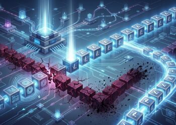 Una ilustración digital de una red de datos futurista con una cadena de bloques de Litecoin (LTC) de color azul brillante que supera una cadena de bloques ilegítima, de color rojo oscuro y agrietada, que forma un obstáculo. El fondo muestra microchips, circuitos y haces de luz.