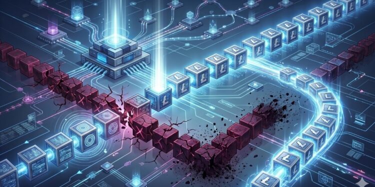 Una ilustración digital de una red de datos futurista con una cadena de bloques de Litecoin (LTC) de color azul brillante que supera una cadena de bloques ilegítima, de color rojo oscuro y agrietada, que forma un obstáculo. El fondo muestra microchips, circuitos y haces de luz.