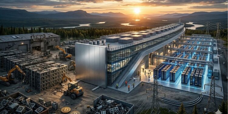 Transición industrial de una planta de minería de Bitcoin desmantelada a un moderno centro de datos para IA y HPC.