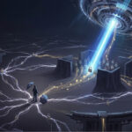 Representación conceptual de la red Lightning Network de Bitcoin siendo vulnerable ante un ataque de computación cuántica, mostrando una red de nodos interconectados con candados y un rayo de energía azul descifrando claves públicas.