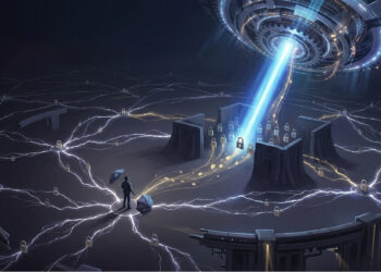 Representación conceptual de la red Lightning Network de Bitcoin siendo vulnerable ante un ataque de computación cuántica, mostrando una red de nodos interconectados con candados y un rayo de energía azul descifrando claves públicas.