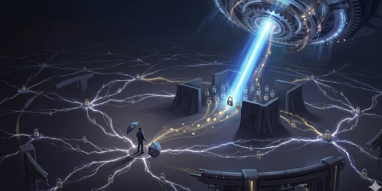 Representación conceptual de la red Lightning Network de Bitcoin siendo vulnerable ante un ataque de computación cuántica, mostrando una red de nodos interconectados con candados y un rayo de energía azul descifrando claves públicas.