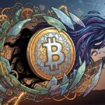 Ilustración conceptual de Bitcoin atrapado entre maquinaria rígida y un vórtice cuántico, representando el debate sobre la osificación del protocolo y la seguridad criptográfica.