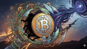 Ilustraciรณn conceptual de Bitcoin atrapado entre maquinaria rรญgida y un vรณrtice cuรกntico, representando el debate sobre la osificaciรณn del protocolo y la seguridad criptogrรกfica.